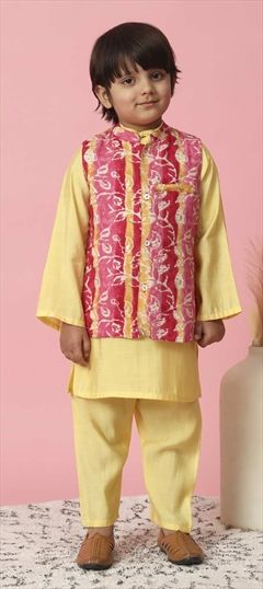Festive, Reception, Summer Yellow color Boys Kurta Pyjama with Jacket in Cotton fabric with Printed work : 1886794