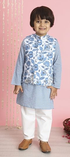 Festive, Reception, Summer Blue, White and Off White color Boys Kurta Pyjama with Jacket in Cotton fabric with Printed work : 1886795