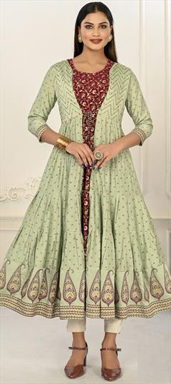 Festive, Reception Green color Kurti in Cotton fabric with Anarkali, Long Sleeve Embroidered, Printed, Thread work : 1886838