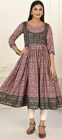 Festive, Reception Purple and Violet color Kurti in Cotton fabric with Anarkali, Long Sleeve Embroidered, Printed, Thread work : 1886843