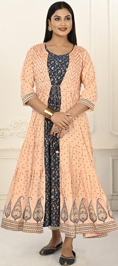 Festive, Reception Pink and Majenta color Kurti in Cotton fabric with Anarkali, Long Sleeve Embroidered, Printed, Thread work : 1886845