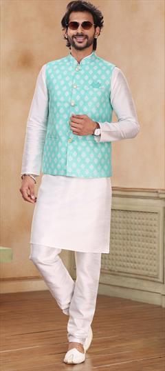 Party Wear White and Off White color Kurta Pyjama with Jacket in Banarasi Silk fabric with Weaving work : 1886896