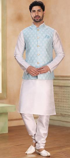 Party Wear White and Off White color Kurta Pyjama with Jacket in Banarasi Silk fabric with Weaving work : 1886898