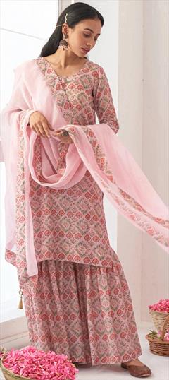 Designer Pink and Majenta color Salwar Kameez in Muslin fabric with Palazzo Digital Print, Floral work : 1886929