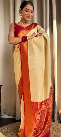 Party Wear, Traditional Beige and Brown color Saree in Art Silk, Silk fabric with South Weaving work : 1886989