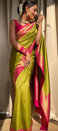 Party Wear, Traditional Green color Saree in Art Silk, Silk fabric with South Weaving work : 1886990