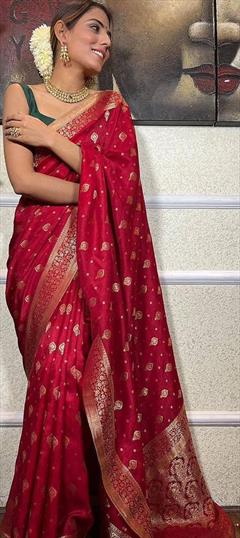 Party Wear, Traditional Red and Maroon color Saree in Art Silk, Silk fabric with South Weaving work : 1886992