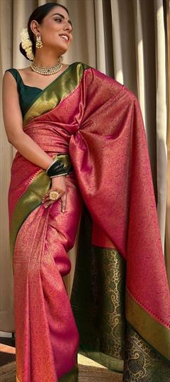 Party Wear, Traditional Pink and Majenta color Saree in Art Silk, Silk fabric with South Weaving work : 1886993