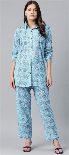 Summer Blue color Co-ords Set in Cotton fabric with Floral, Printed work : 1887000