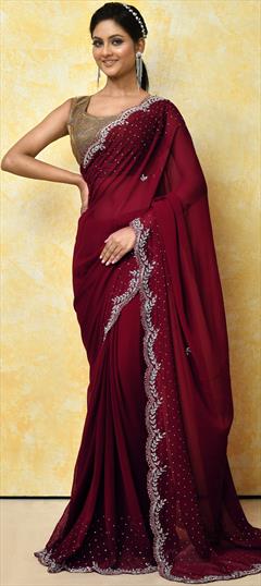 Bridal, Reception, Wedding Red and Maroon color Saree in Georgette fabric with Classic Bugle Beads, Cut Dana, Stone work : 1887004