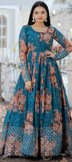 Festive, Reception Blue color Gown in Faux Georgette fabric with Digital Print, Embroidered, Floral, Sequence, Zari work : 1887009