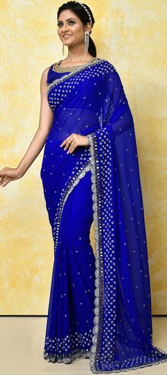 Bridal, Reception, Wedding Blue color Saree in Georgette fabric with Classic Bugle Beads, Cut Dana, Stone work : 1887010