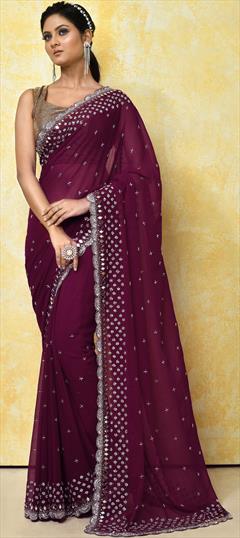 Bridal, Reception, Wedding Purple and Violet color Saree in Georgette fabric with Classic Bugle Beads, Cut Dana, Stone work : 1887011