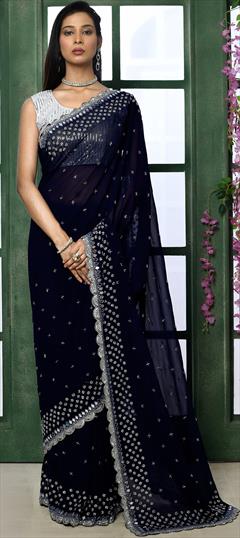 Bridal, Reception, Wedding Blue color Saree in Georgette fabric with Classic Bugle Beads, Cut Dana, Stone work : 1887013