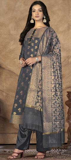 Party Wear Black and Grey color Salwar Kameez in Banarasi Silk fabric with Straight Weaving work : 1887116