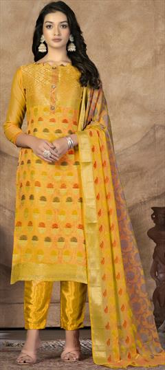 Party Wear Yellow color Salwar Kameez in Banarasi Silk fabric with Straight Weaving work : 1887121