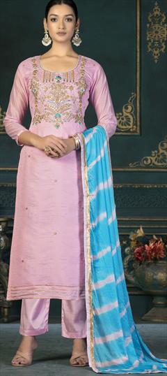 Party Wear Pink and Majenta color Salwar Kameez in Chanderi Silk fabric with Straight Embroidered, Sequence, Thread work : 1887122