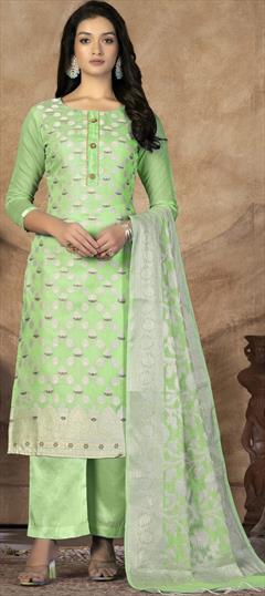 Party Wear Green color Salwar Kameez in Banarasi Silk fabric with Straight Weaving work : 1887130