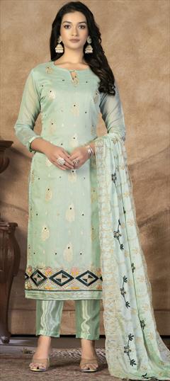 Party Wear Green color Salwar Kameez in Banarasi Silk fabric with Straight Embroidered, Thread, Weaving work : 1887131