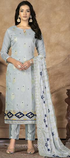 Party Wear Blue color Salwar Kameez in Banarasi Silk fabric with Straight Embroidered, Thread, Weaving work : 1887134