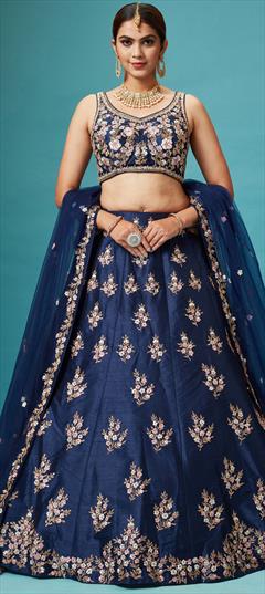 Bridal, Mehendi Sangeet, Wedding Blue color Lehenga in Silk fabric with Flared Sequence, Thread, Zari work : 1887143