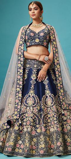 Bridal, Mehendi Sangeet, Wedding Blue color Lehenga in Silk fabric with Flared Sequence, Thread, Zari work : 1887144