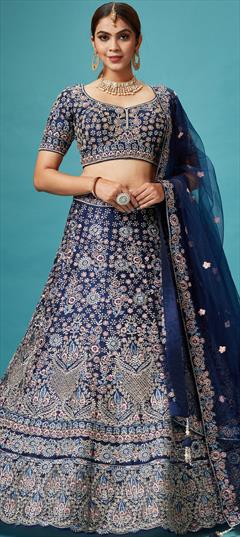 Bridal, Mehendi Sangeet, Wedding Blue color Lehenga in Silk fabric with Flared Sequence, Thread, Zari work : 1887146