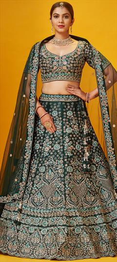 Bridal, Mehendi Sangeet, Wedding Green color Lehenga in Silk fabric with Flared Sequence, Thread, Zari work : 1887148