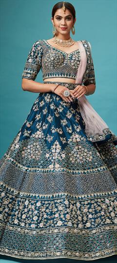 Bridal, Mehendi Sangeet, Wedding Blue color Lehenga in Silk fabric with Flared Mirror, Sequence, Thread, Zari work : 1887151