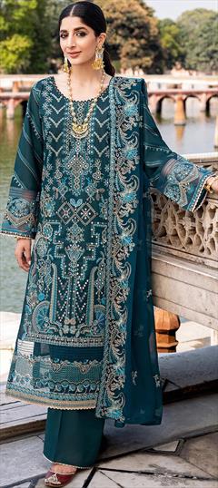 Festive, Party Wear Blue color Salwar Kameez in Satin Silk fabric with Pakistani, Straight Embroidered, Sequence, Thread work : 1887234