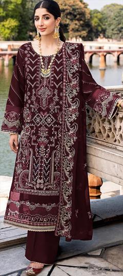 Festive, Party Wear Red and Maroon color Salwar Kameez in Satin Silk fabric with Pakistani, Straight Embroidered, Sequence, Thread work : 1887238
