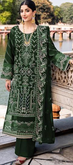 Festive, Party Wear Green color Salwar Kameez in Satin Silk fabric with Pakistani, Straight Embroidered, Sequence, Thread work : 1887242