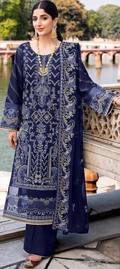 Festive, Party Wear Blue color Salwar Kameez in Satin Silk fabric with Pakistani, Straight Embroidered, Sequence, Thread work : 1887245