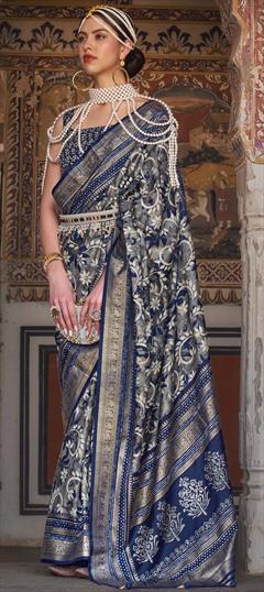 Party Wear, Traditional Black and Grey color Saree in Art Silk, Silk fabric with South Printed, Weaving work : 1887253
