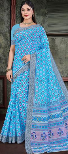 Casual, Traditional Blue color Saree in Cotton fabric with Bengali Printed, Thread work : 1887313