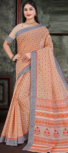 Casual, Traditional Orange color Saree in Cotton fabric with Bengali Printed, Thread work : 1887315