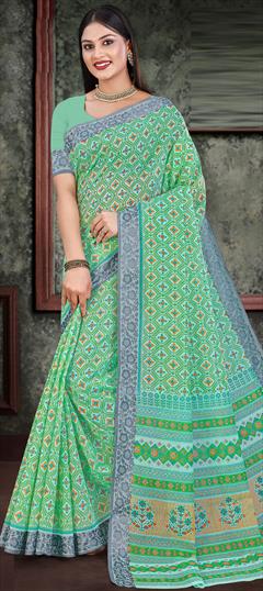 Casual, Traditional Green color Saree in Cotton fabric with Bengali Printed, Thread work : 1887316