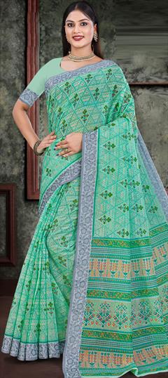 Casual, Traditional Green color Saree in Cotton fabric with Bengali Printed, Thread work : 1887319