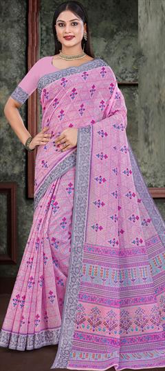 Casual, Traditional Pink and Majenta color Saree in Cotton fabric with Bengali Printed, Thread work : 1887320