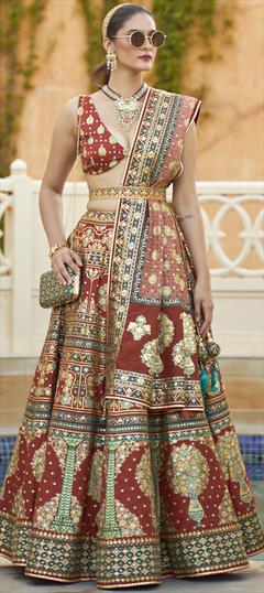 Bridal, Wedding Beige and Brown color Ready to Wear Lehenga in Silk fabric with Flared Printed, Sequence work : 1887354