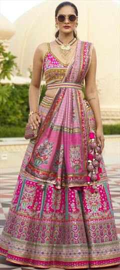 Bridal, Wedding Pink and Majenta color Ready to Wear Lehenga in Silk fabric with Flared Printed, Sequence work : 1887357