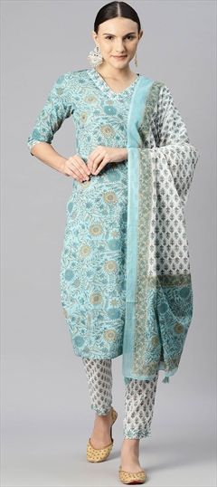 Party Wear, Summer Blue color Salwar Kameez in Cotton fabric with Straight Printed, Sequence, Thread work : 1887413