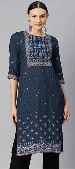 Casual Blue color Kurti in Viscose fabric with Long Sleeve, Straight Printed, Sequence work : 1887414