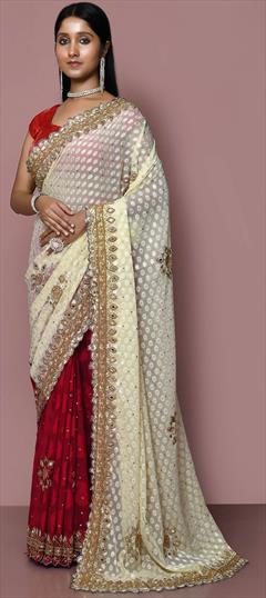 Bridal, Wedding Red and Maroon, White and Off White color Saree in Jacquard fabric with Classic Bugle Beads, Embroidered, Mirror, Stone work : 1887509