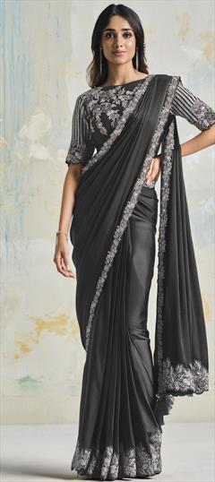 Engagement, Mehendi Sangeet, Reception Black and Grey color Saree in Crepe Silk fabric with Classic, South Embroidered, Sequence, Thread work : 1887553