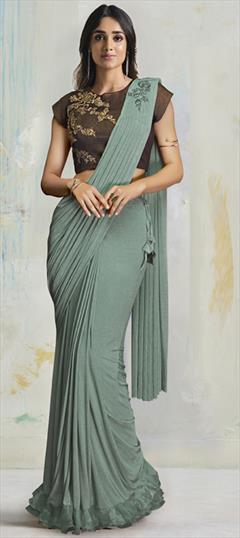 Engagement, Mehendi Sangeet, Reception Green color Saree in Lycra fabric with Classic Embroidered, Sequence, Thread work : 1887559