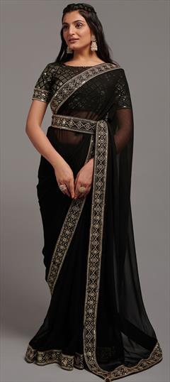 Festive, Party Wear Black and Grey color Saree in Chiffon fabric with Classic Embroidered, Lace, Sequence, Thread, Zari work : 1887575