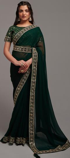 Festive, Party Wear Green color Saree in Chiffon fabric with Classic Embroidered, Lace, Sequence, Thread, Zari work : 1887576
