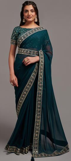 Festive, Party Wear Blue color Saree in Chiffon fabric with Classic Embroidered, Lace, Sequence, Thread, Zari work : 1887577