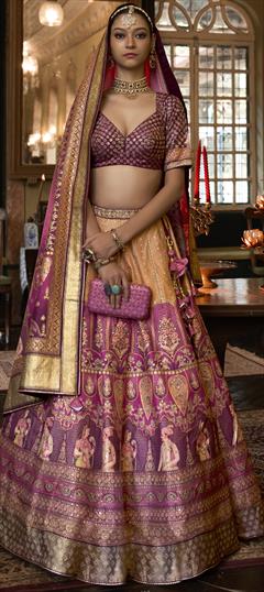 Bridal, Wedding Gold, Pink and Majenta color Ready to Wear Lehenga in Art Silk fabric with Flared Sequence, Weaving work : 1887589